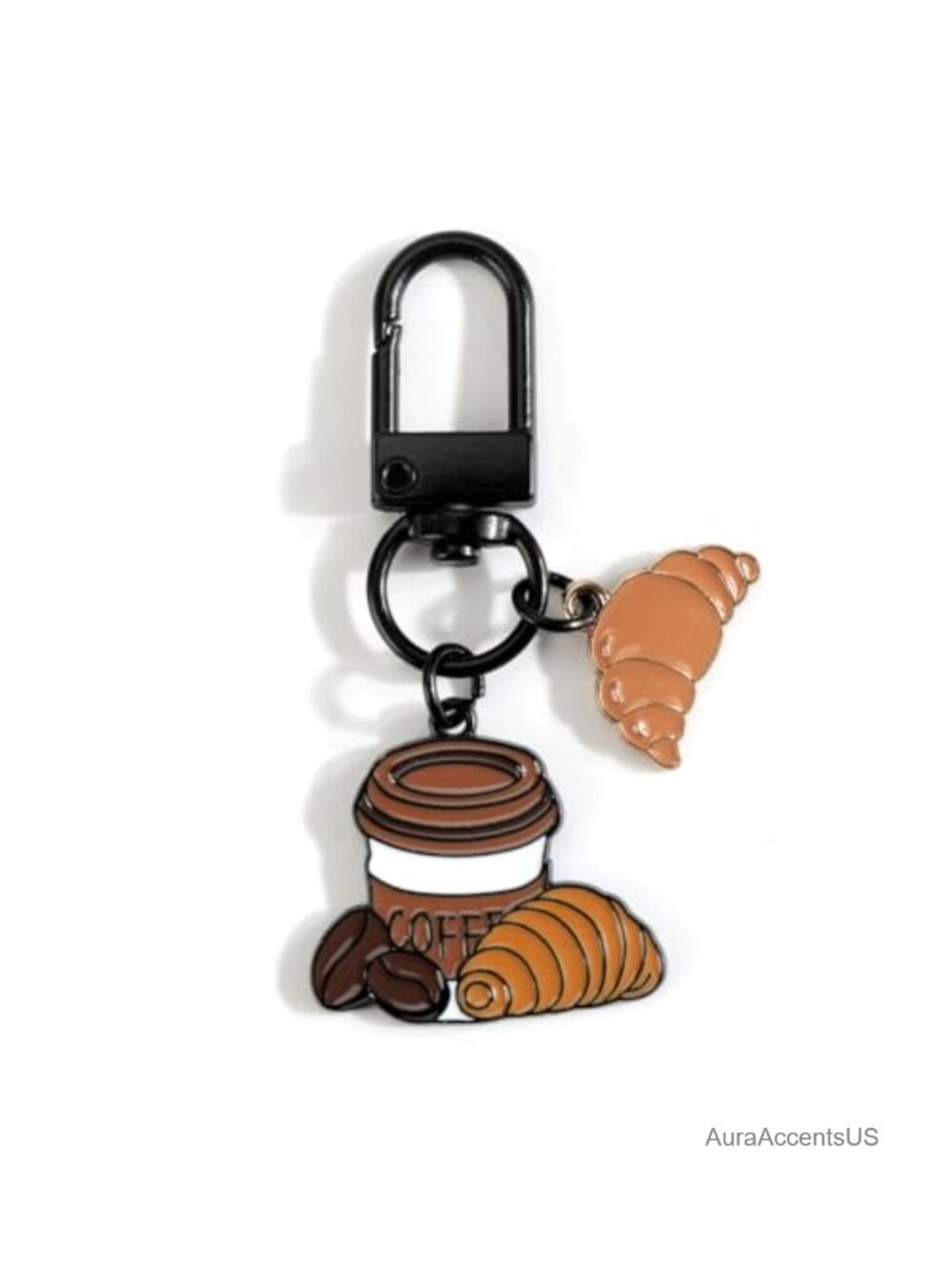 Cute Coffee Cup & Croissant Keychain Enamel Charm Purse Bag Accessory Gift